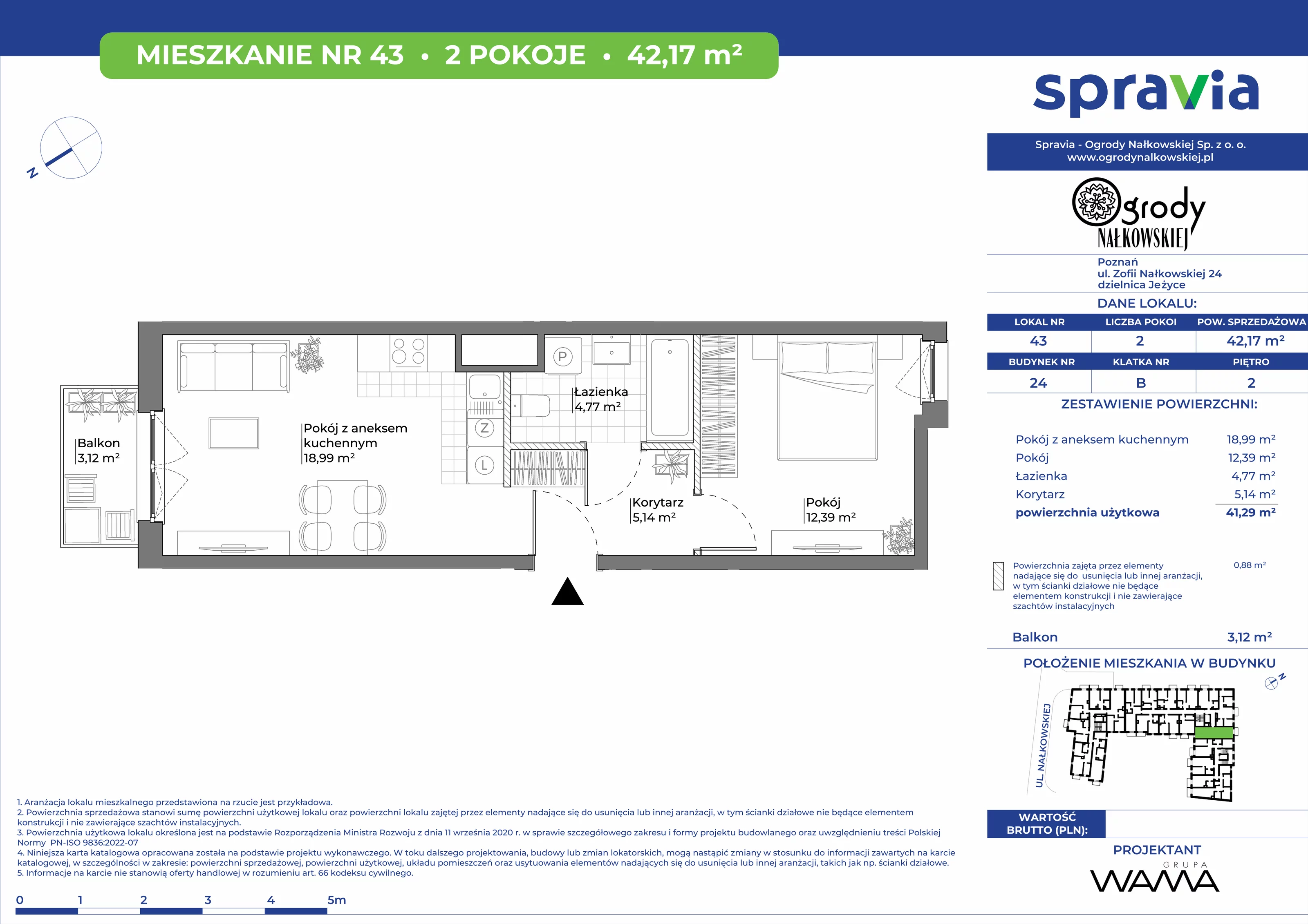 2 pokoje, mieszkanie 42,17 m², piętro 2, oferta nr 24-43, Ogrody Nałkowskiej, Poznań, Ogrody, ul. Nałkowskiej 24, 26